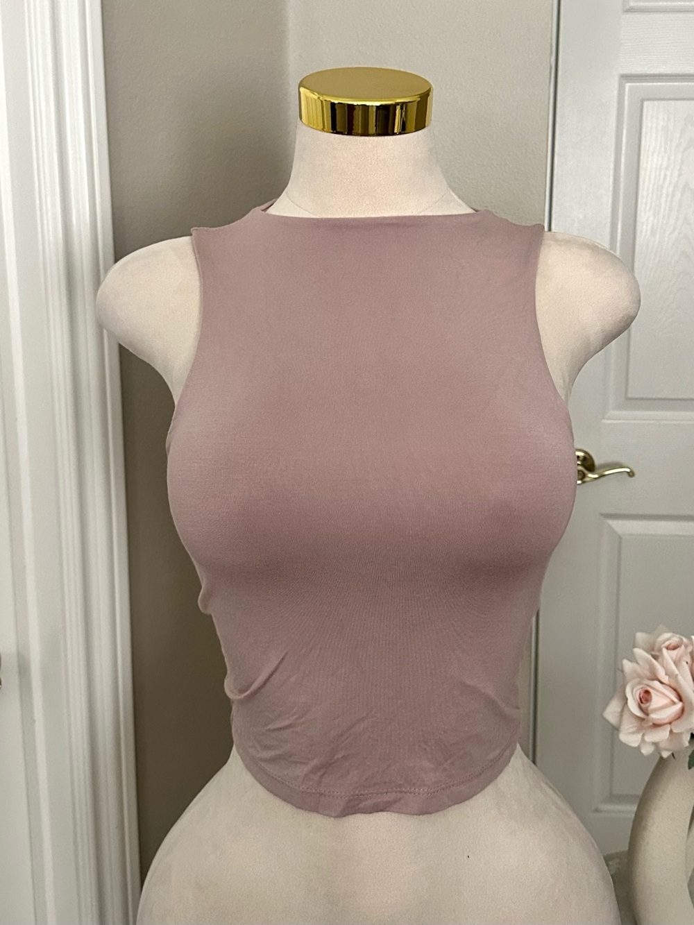 Final Touch Sleeveless Crop Tank Top w/ High Neck - Dusty Mauve Taupe Sz S